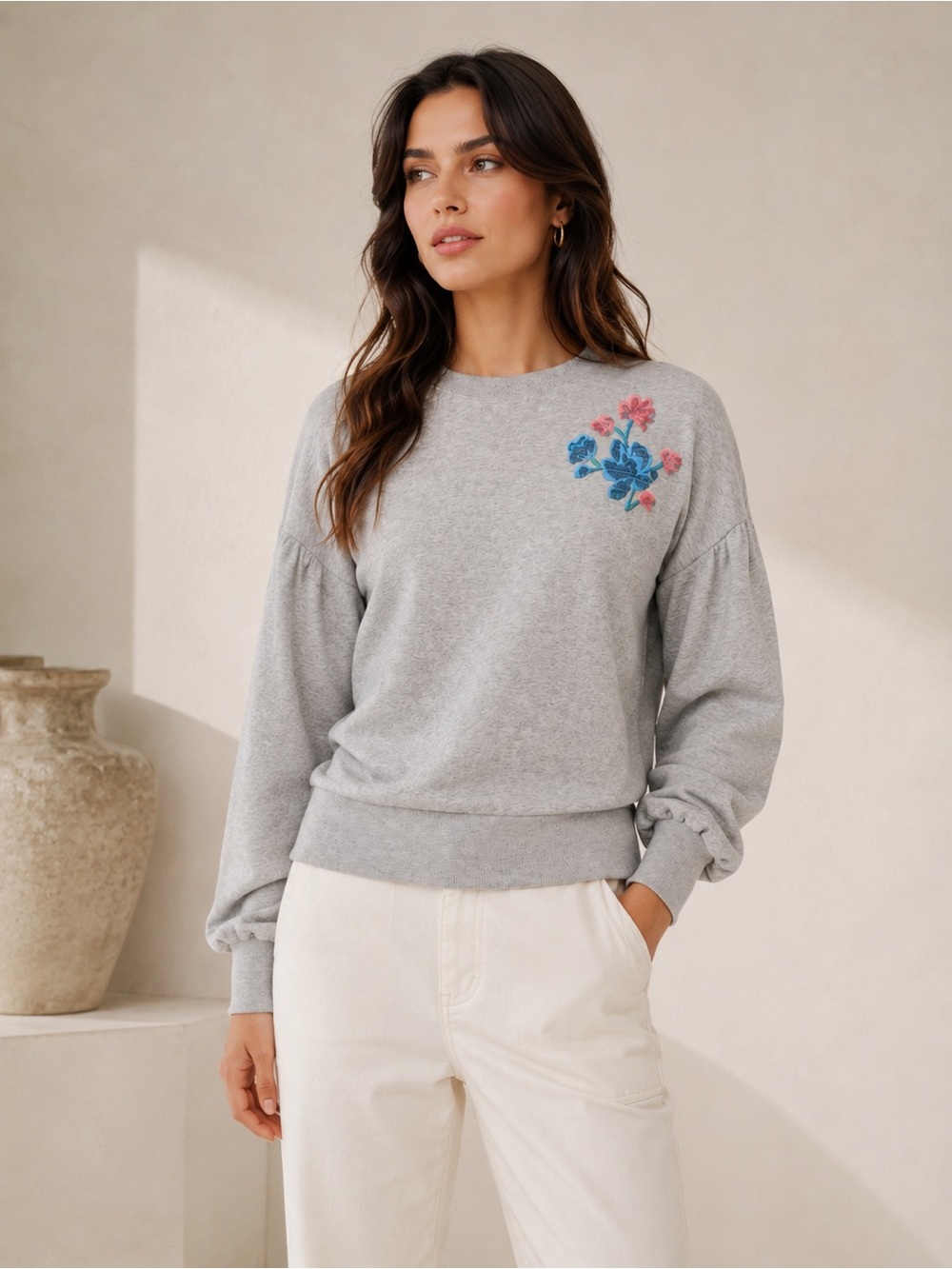 NEW Kate Spade Women’s Floral Embroidered Sweatshirt Grey Melange